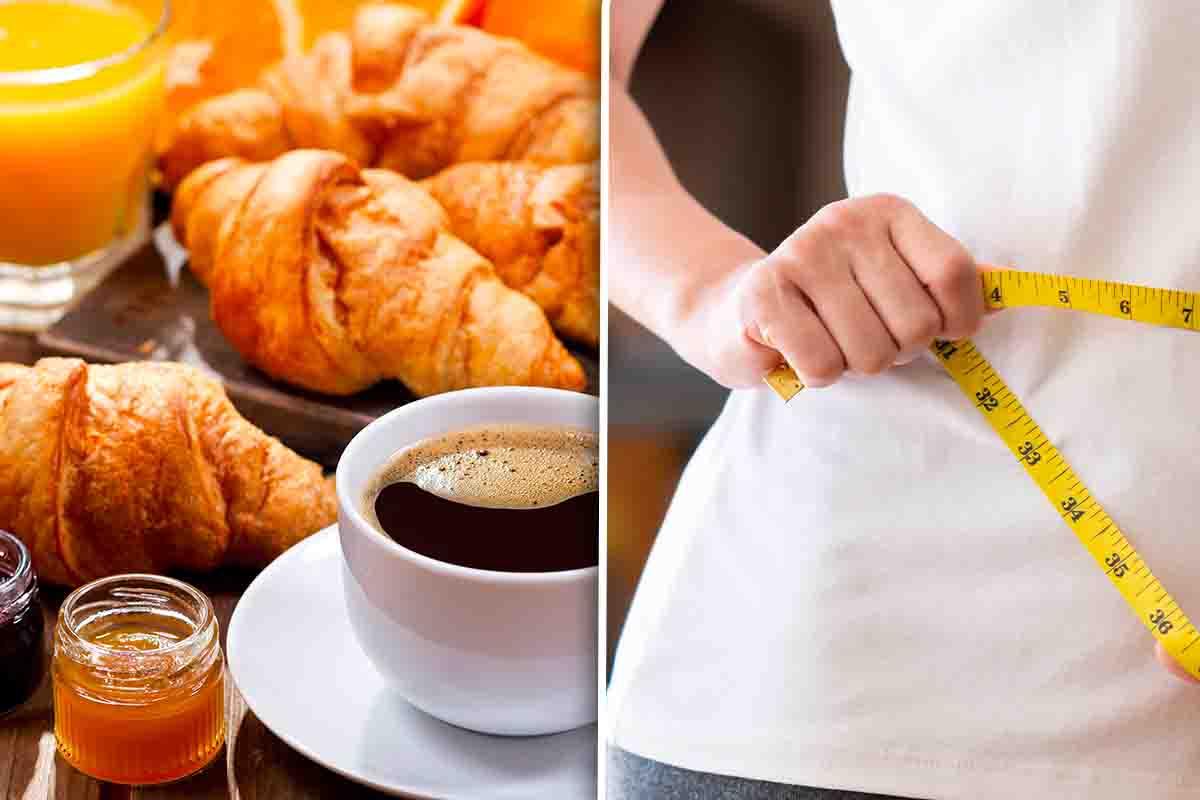 caffè brioche donna che si misura il girovita