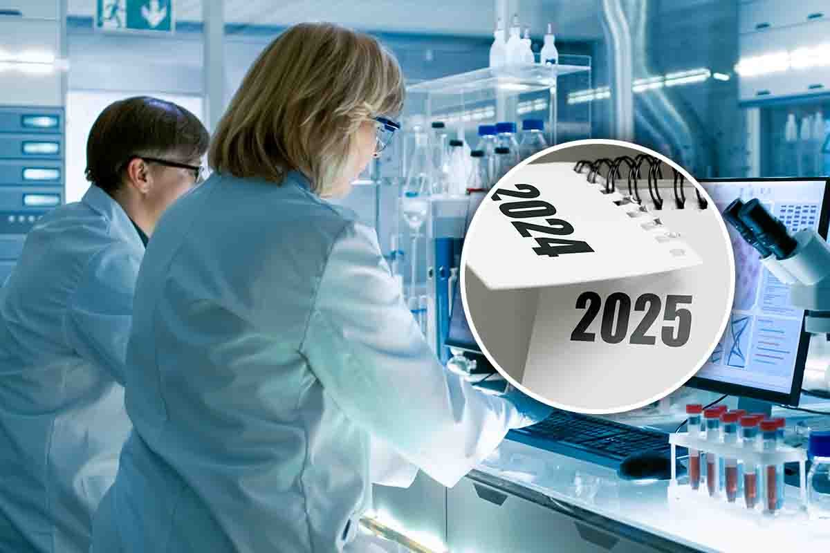 scienziati in laboratorio e frame sul calendario 2025